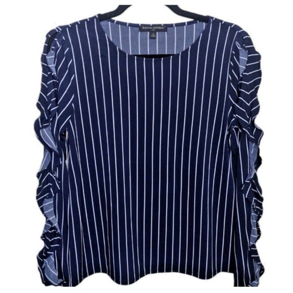 Banana Republic Tops - Banana Republic Peek a Boo Cut Out Ruffle Top Blouse Sz M Navy Stripe Stretchy
